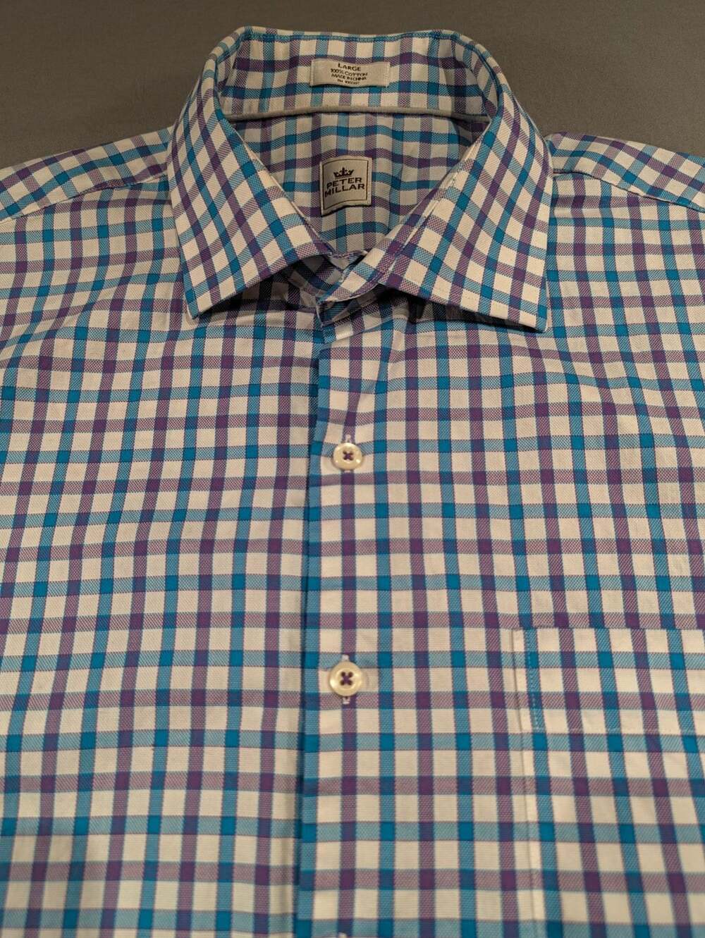 Peter Millar Plaid Button Down Dress Shirt Size Large Blue Purple 100% Cotton